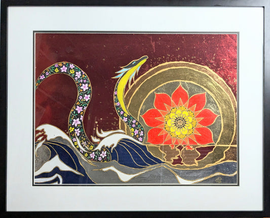 Framed artwork with a stylized dragon and mandala sunrise on a red background